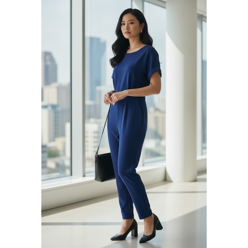 Alexia Admor Navy Blue Short Sleeve Cuffed Slim Leg Jumpsuit XS